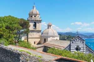 View of the Church of San Lorenzo and the Gulf of Poets, Portovenere, La Spezia district, Liguria, Italy View of the Church of San Lorenzo and the Gulf of Poets, Portovenere, La Spezia district, Liguria, Italy